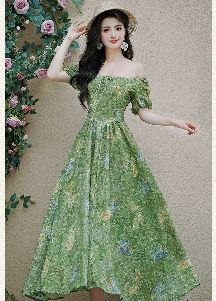 Summer Ladies Butterfly Green Dress Woman Vintage Chic Design Slash Neck Puff Sleeve Fairy Princess Dresses Vestido Festa