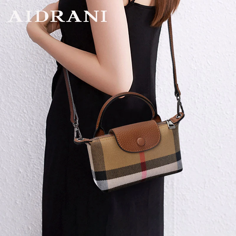 Aidrani  The new women's one shoulder crossbody bag is made of canvas and cowhide, with a high-end and elegant checkered pattern