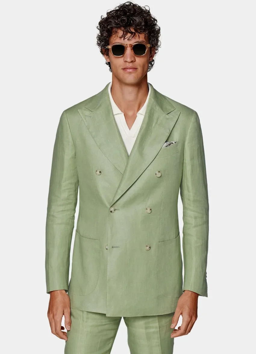 Elegante abito da uomo in lino estivo verde Smart Casual doppiopetto Slim Fit blazer personalizzato di alta qualità 2 pezzi Costume Homme