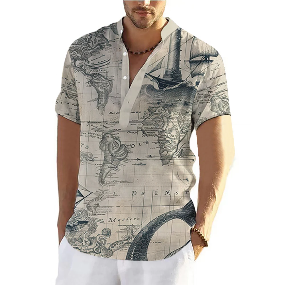 Men's Short Sleeve Shirt Summer Fashion Nautical Compass Anchor Printed Tops Men's Casual Loose Shirts Oversized Size S-5XL