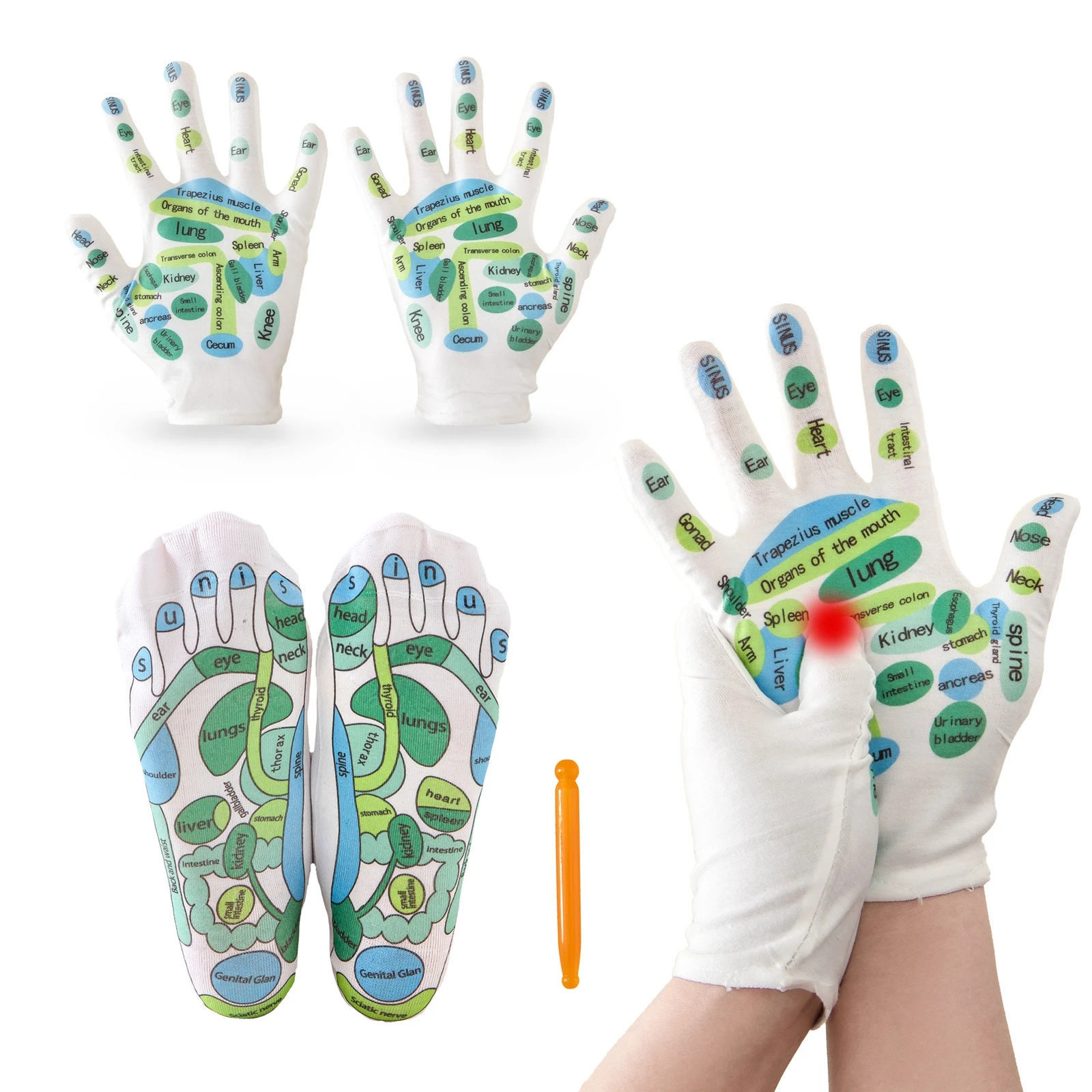 4 Pieces Hand and Foot Massage Set with Zones Marked Socks and Gloves Acupoint Socks Hand Reflexology Gloves for Men Beginner