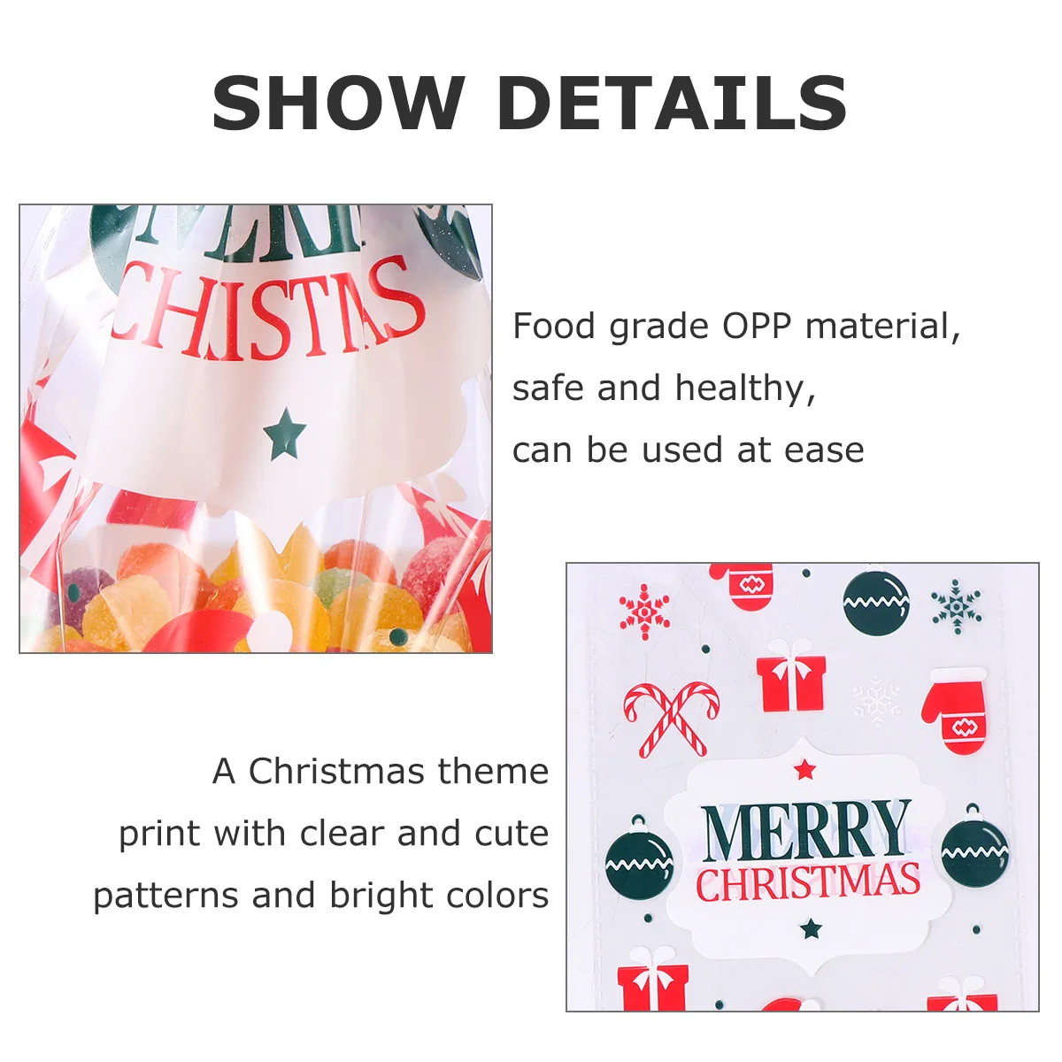 

100Pcs Christmas Gift Storage Bag Festive Pattern Candy Treat Packing Bag for Xmas Party Christmas Gift Storage Pouch
