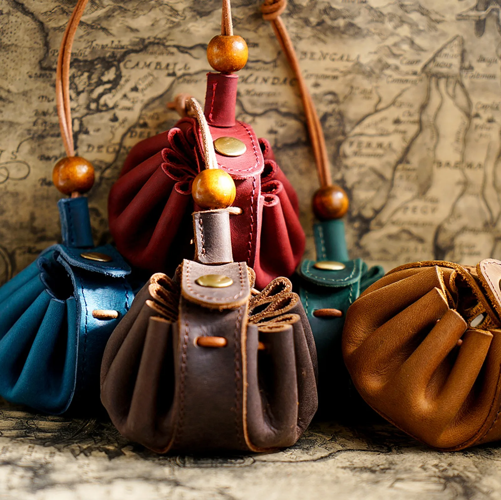 Genuine Leather Drawstring Pouch, Portable Coin Purse Key Holder with Snap Handmade Mini Coins Organizer Bag