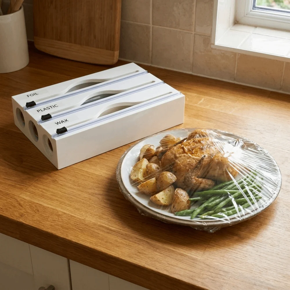 Bamboo Cling Film Cutter Box Wall Mounted Refillable Plastic Wrap Cutter Box with Slide Cutter 2 /3 Grids Wrap Dispenser