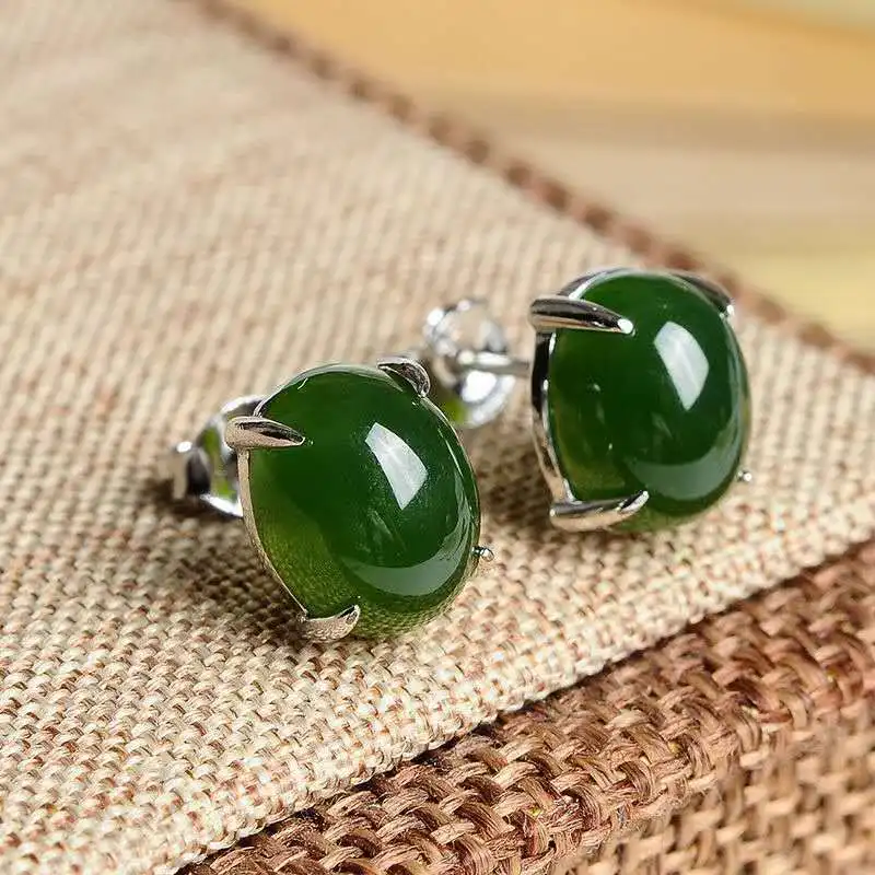Hetian and , silver-inlaid green jade drop , vintage women's earrings with certificate included