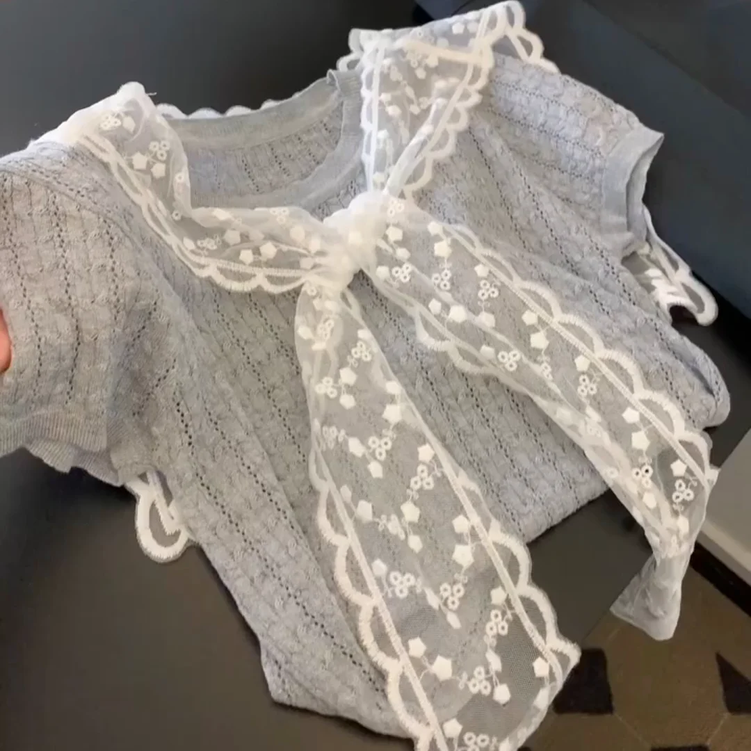 

ay round Ne ort Sve Knitted Sweater Women's Faion Korean Sle Summer New Lazy High-End Sense Top with Lace awl