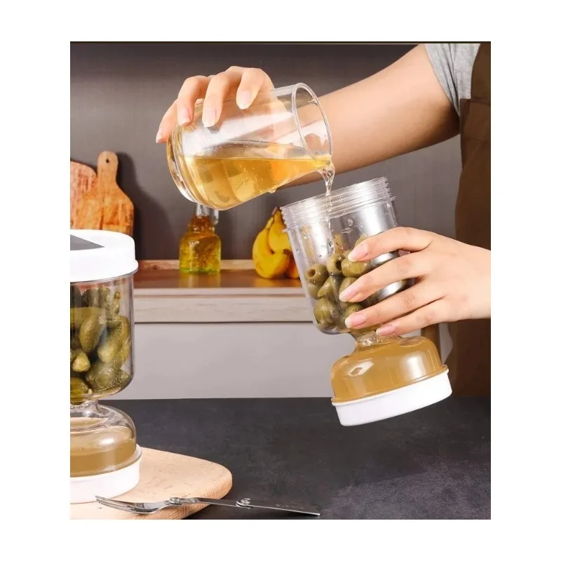 Olive and Pickle Strainer Jar, Airtight Food Storage Container with Built-In Strainer, Reusable Food Contact Safe Plastic