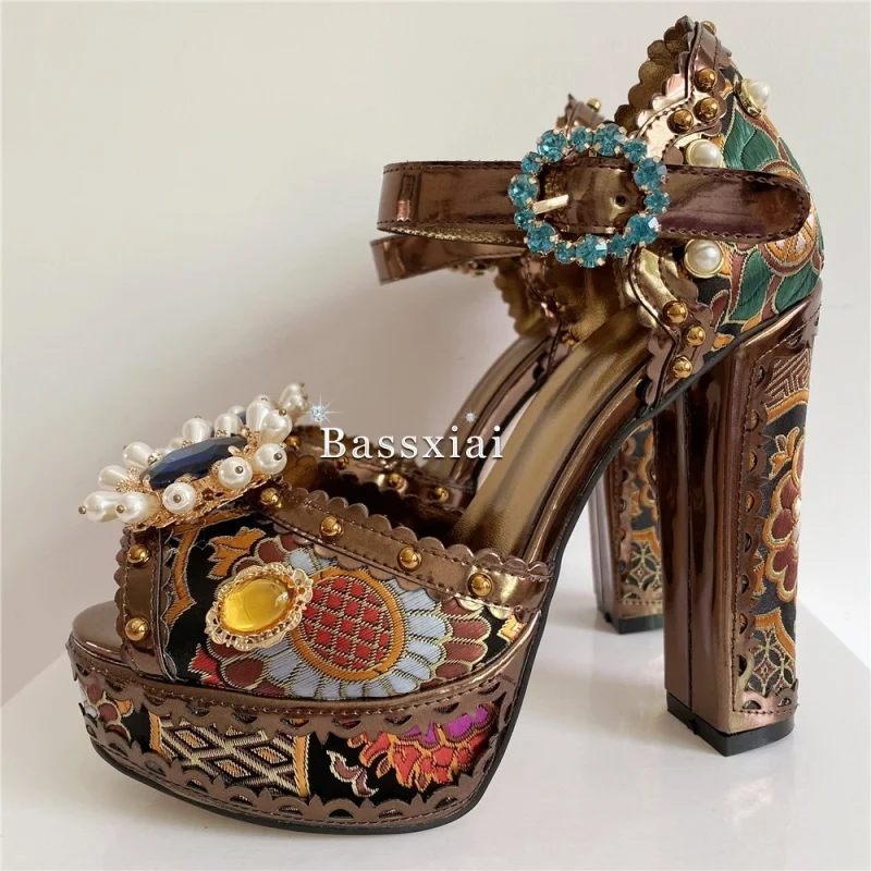 Top Quality Embroidery Satin Party Shoes Summer Beads Pearl Chunky Heel Rhinestone Diamond Platform Sandals Women image 6