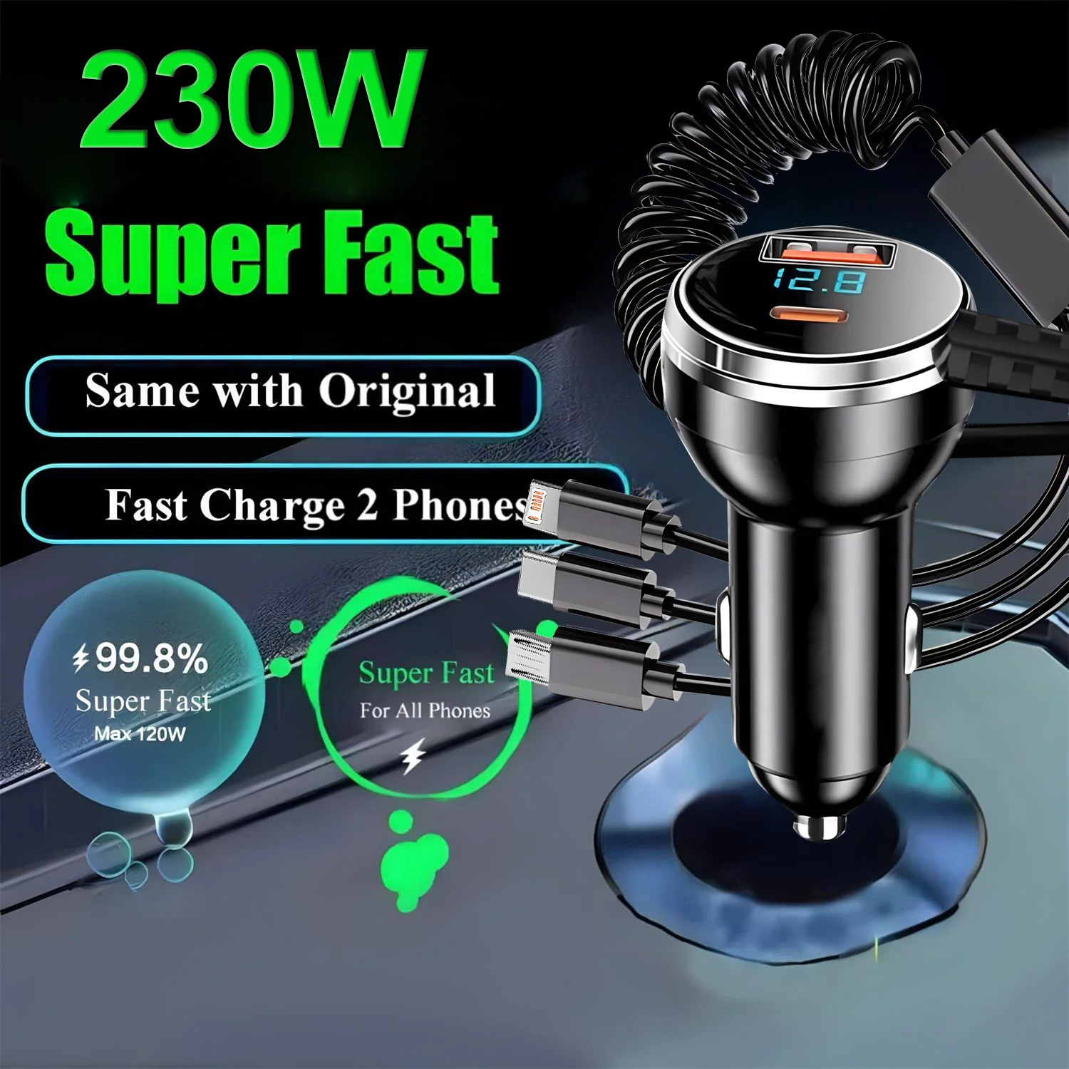 230W 5 Port PD QC3.0 Fast Car Charger USB Type C Multi Port Vehicle Phone Charger Adapter For iPhone Samsung Huawei Xiaomi
