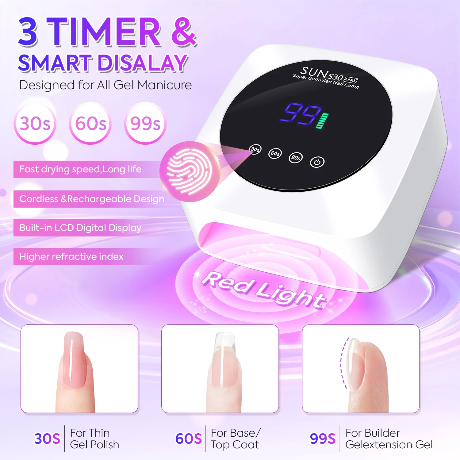 DianaBeauty UV LED Nail Lamp مجفف أظافر لاسلكي قابل لإعادة الشحن مع 3 إعدادات للمؤقت ومصباح الأشعة فوق البنفسجية بشاشة LCD كبيرة للأظافر