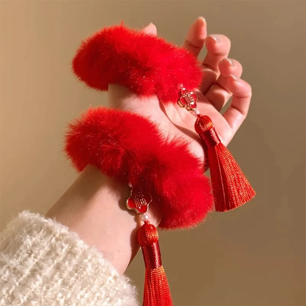 2pcs Ancient Style New Year's Red Plush Hair Rope Universal with Tassel Chinese Children Hair Band Elastic Girl Headwear Hanfu