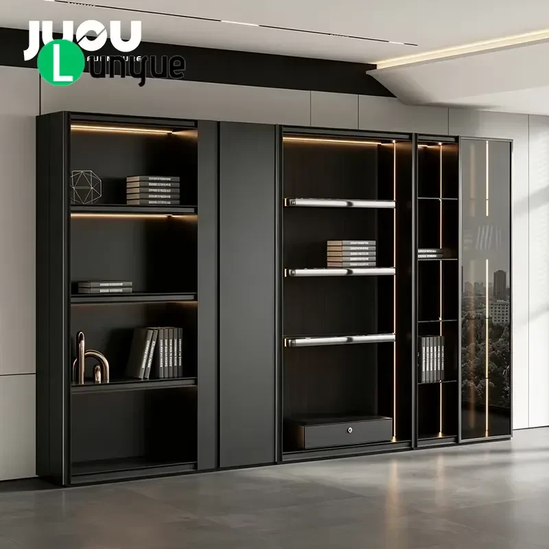 E0 Grade High Density Particle Board Modern Light Luxury Office Bookcase Wooden Storage Cabinet with Glass Door Practical