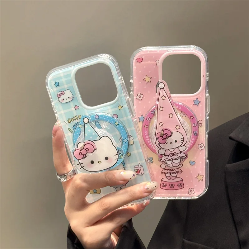 

Korean Plaid Pattern Cute Hellokitty Magnetic Phone Case For iPhone 16 Pro 15 14 Pro Max Cover with Holder Cartoon Cases