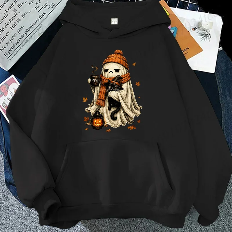 Funny Spooky Season Men Women Hoodies Spooky Black Cat Graphic Streetwear Hoodies Funny Introvert Halloween Coffee Lover Gift