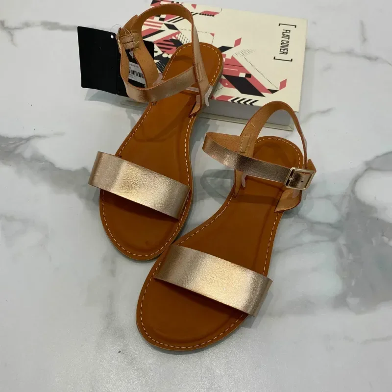 Leather Sandals for Women Flat with Summer Shoes Woman Retro Solid Round To Comfortable Casual Anti Skidding Beach Sandalias