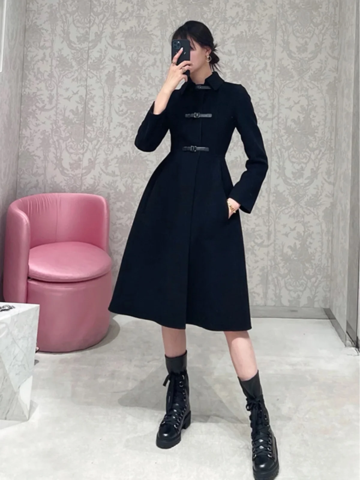

Hebe Sle Vintage Waist-Cinching Woolen Coat Autumn Winter Collar Mid-Length Warm Slimming Women's Faion Outerwear