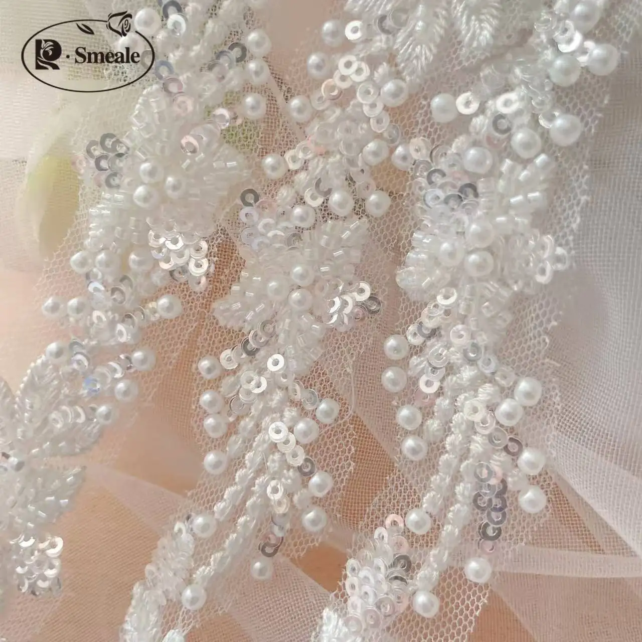 3 Yards/Packung Hochwertige weiße Perlenstickerei-Spitze, Kopfschleier, Hochzeitskleid, Dekorationszubehör, handgefertigte Spitze für DIY. – Detail 3