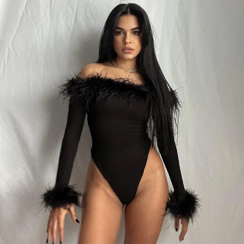 2024 New Bodysuits for Women Elegant One Piece Slim Tops Bodysuit Clothes Fashion Feathers Sexy Long Sleeve Off Shoulder YXQ08