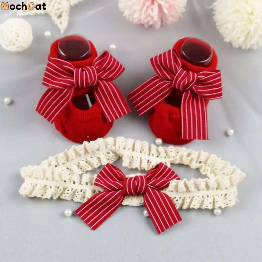 Heart Baby Christmas Gift Bow Headband Toddler Floor Socks Socks Headband Set Newborn Baby Girl Socks Infant Anti Slip Socks