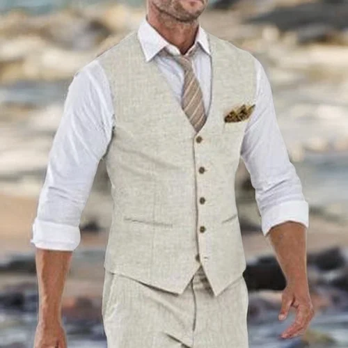 Imagen 2 del producto Chaleco de traje de lino Beige para hombre, chaleco de una pieza para boda, verano, playa, cuello en V, costo de moda masculina
