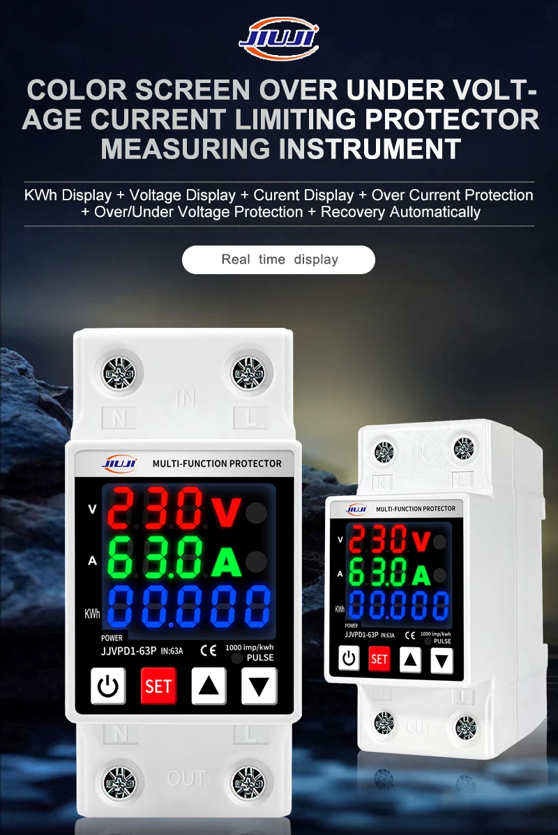 JIUJI 63A Din Rail Adjustable Over And Under Voltage And Current Protective Device With Kilowatt-hour Meter JJVPD1-63