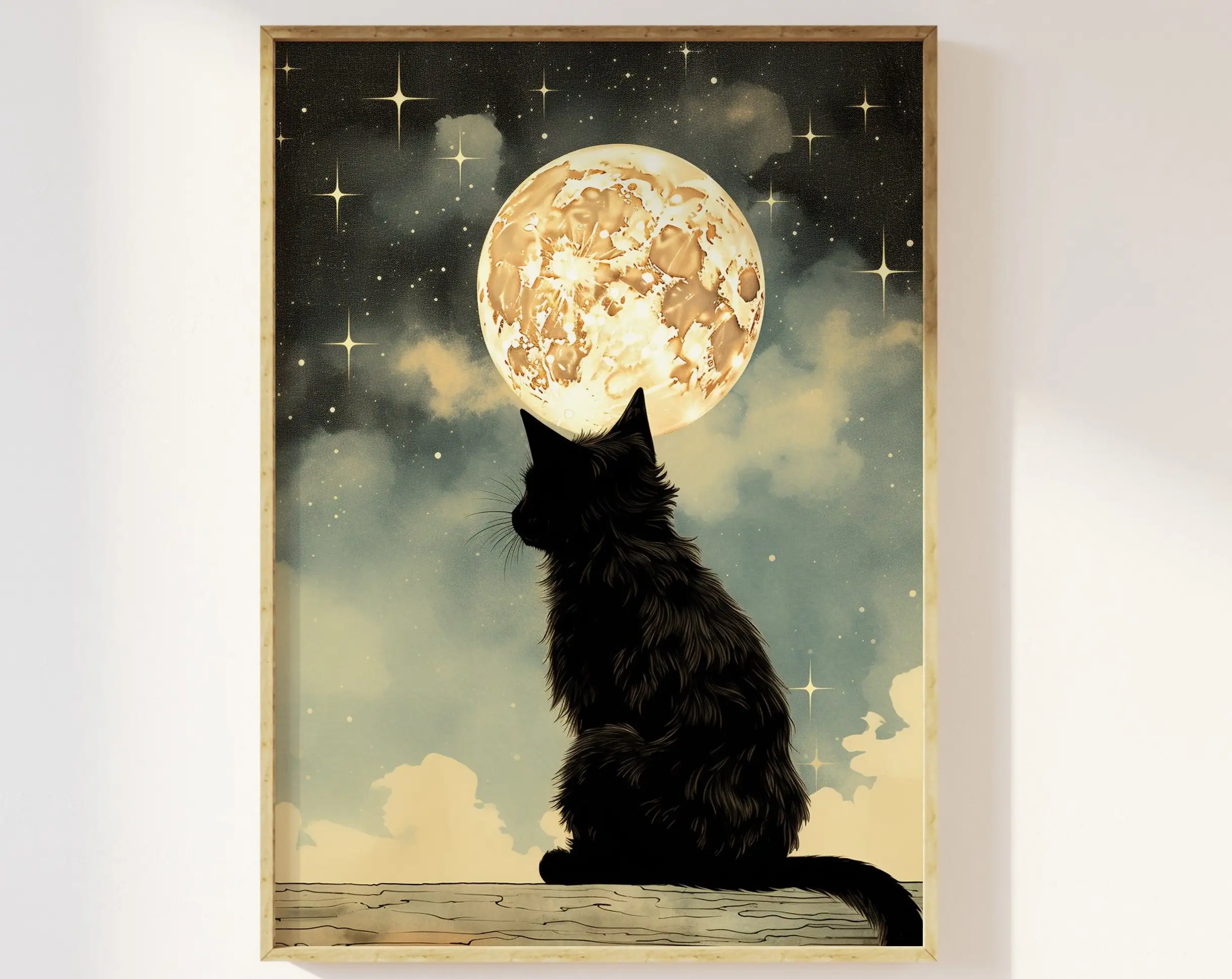 Beautiful Witch Magical Black Cat Pumpkin Full Moon Poster Print Wall Art Pictures Canvas Painting Living Room Home Decor Gift