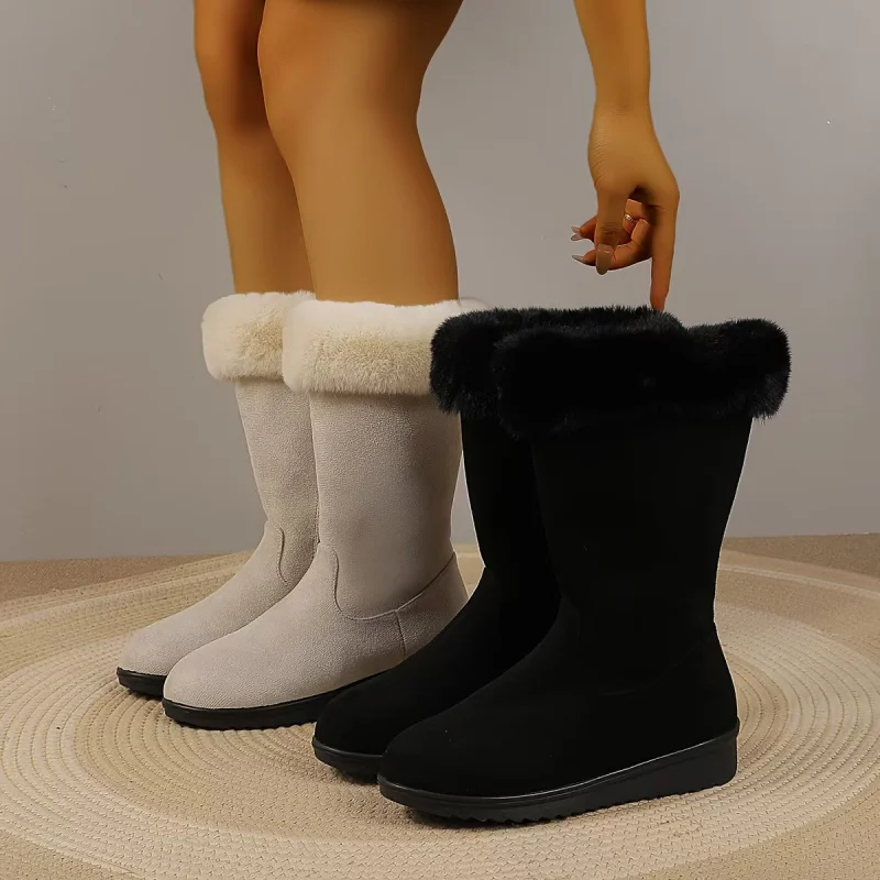 

2025 Winter Women's Mid Calf Snow Boots Side Zipper Flat Sole Fur Lined Warm Comfortable Slip On Booties for Cold Weather
