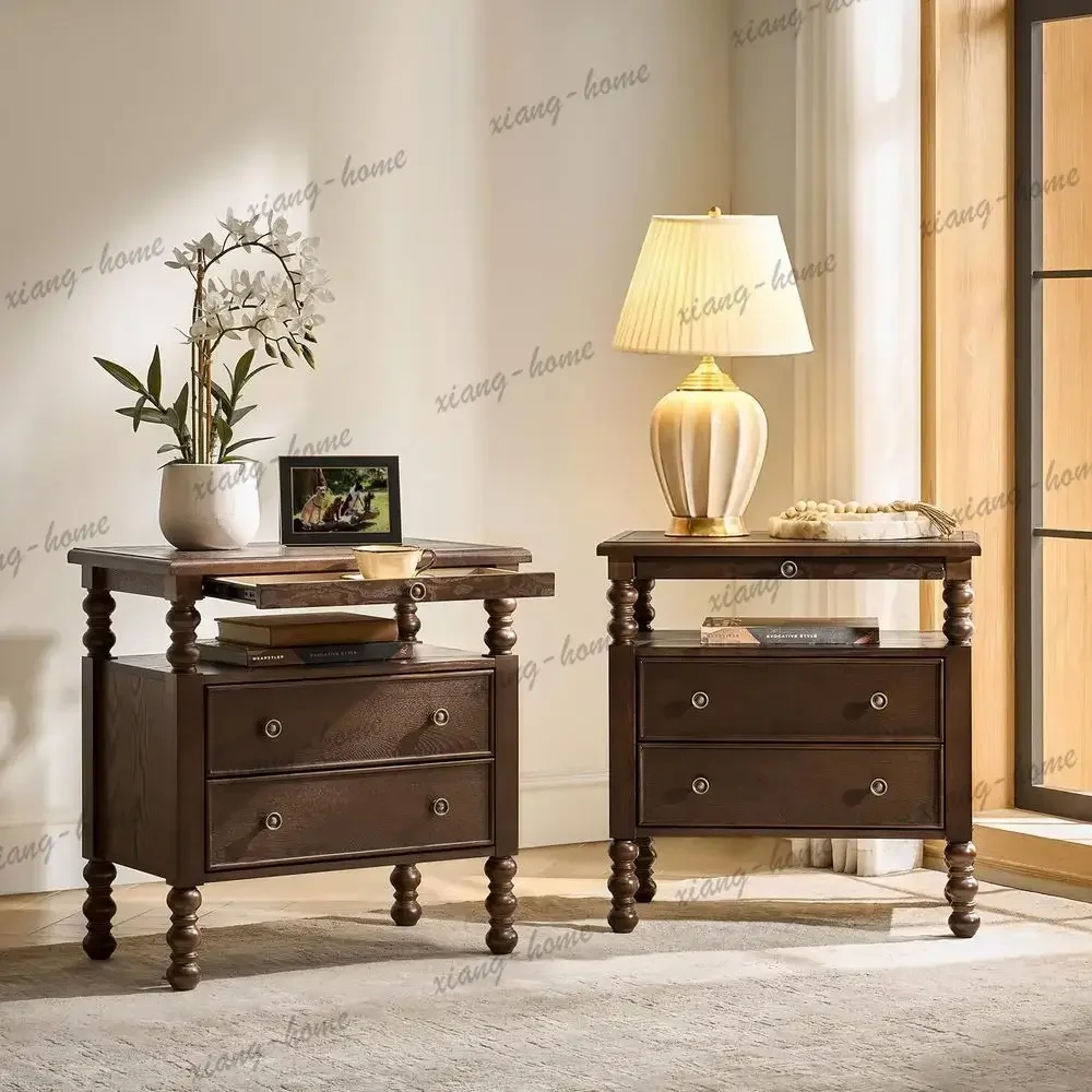 lsLIFE Farmhouse Nightstand Set of 2 with Charging Station, Antique Nightstands with Drawers, Bedside Table with Open Shelf for