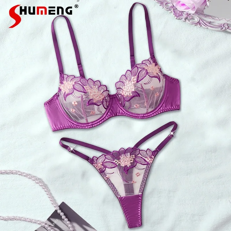 Transparent Three Point Bra Set Pure Desire Sexy Lingerie for Women Push Up Embroidered Underwear with Underwire Female