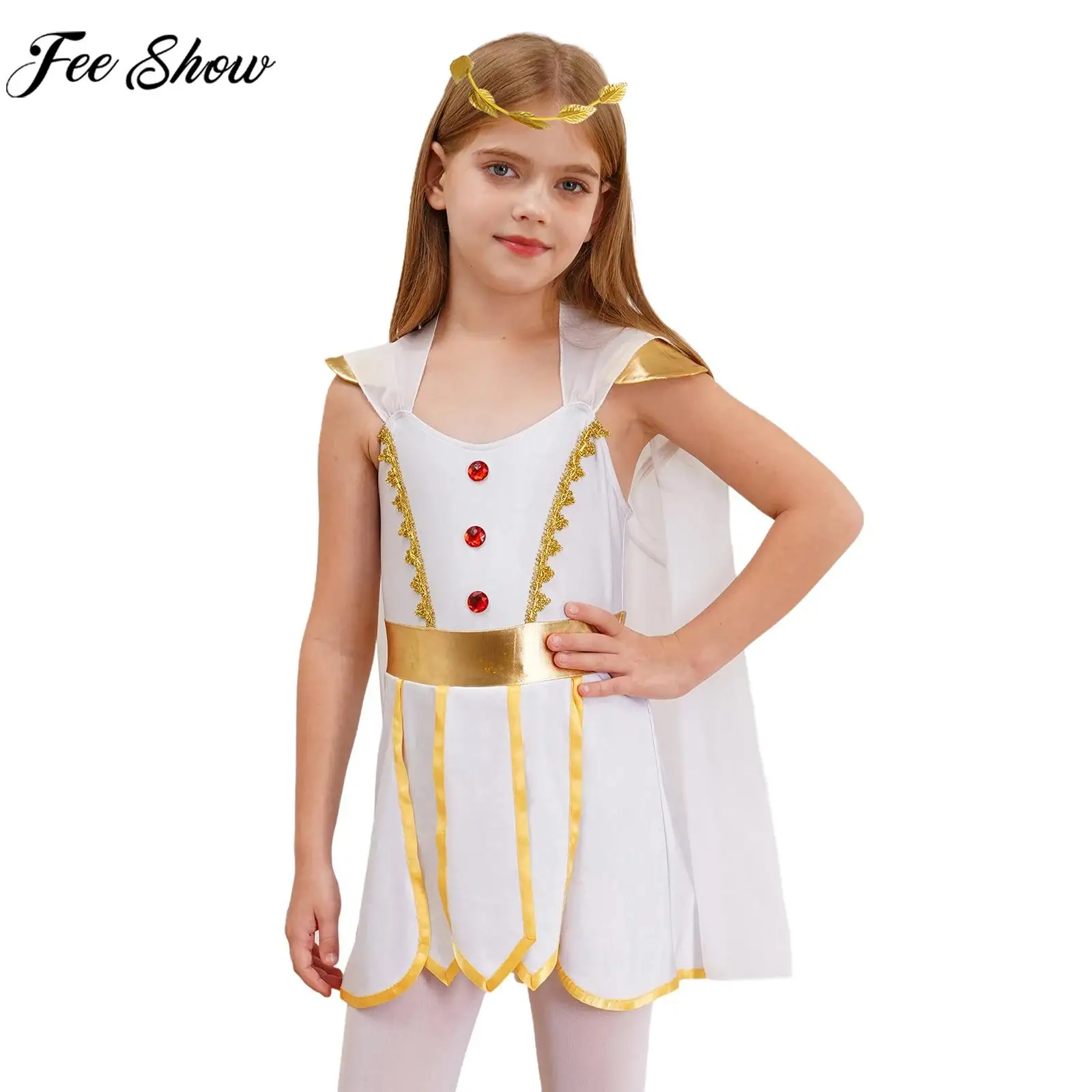 Girls Halloween Ancient Greek Roman Athena Goddesses Princess Queen Cosplay Costume Cape Sleeve Toga Dress with Cuffs Garland