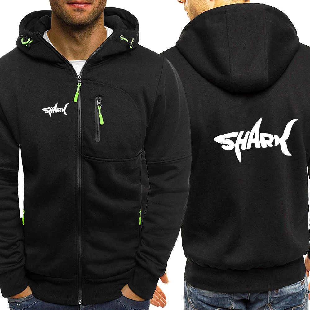 Shark pattern Logo Print Warm Fleece Men's Hoodies Soft Plush Zip Up Hooded Sweatshirt Outdoor Zip Up Casual Men Hoodies Jacket