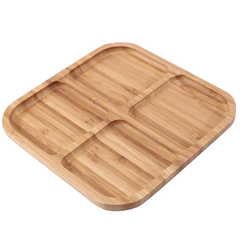 4 Grids Bamboo Snack Plate Rectangle Fruit Bread Tray Dishes Organizer Rack Refreshment Plate Kitchen Party Supplies