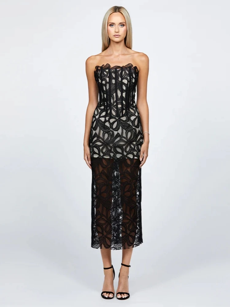 Sexy trägerloses Spitzen-Blumen-Bodycon-Kleid für Damen, schwarz, ärmellos, rückenfrei, mit Schnürung, Midi-Kleider, Promi-Abend-Party-Kleider