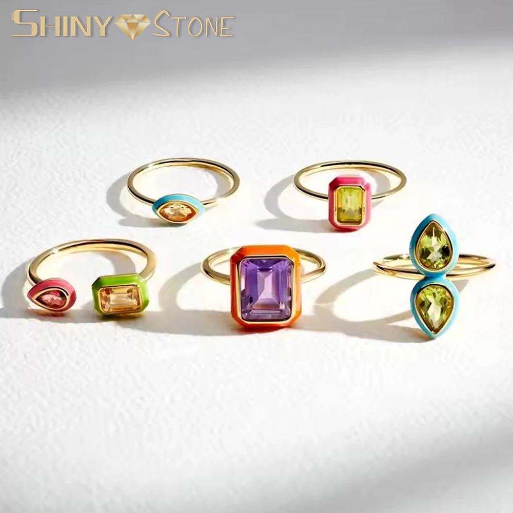

Colorful Pastel Enamel Geometric Bezel Band Rectangle 5A Cubic Zirconia CZ Sparking Engagement Band Ring for Women Fashion