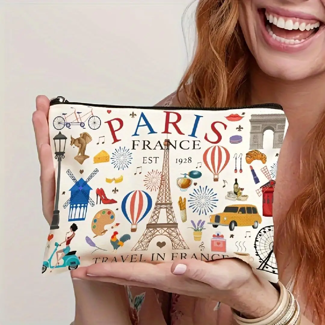 A Fashion Paris Makeup Bag - Cute Multi-functional Zipper Bag for Women, Jewelry Storage Bag, Perfect Travel Zipper Small Storag
