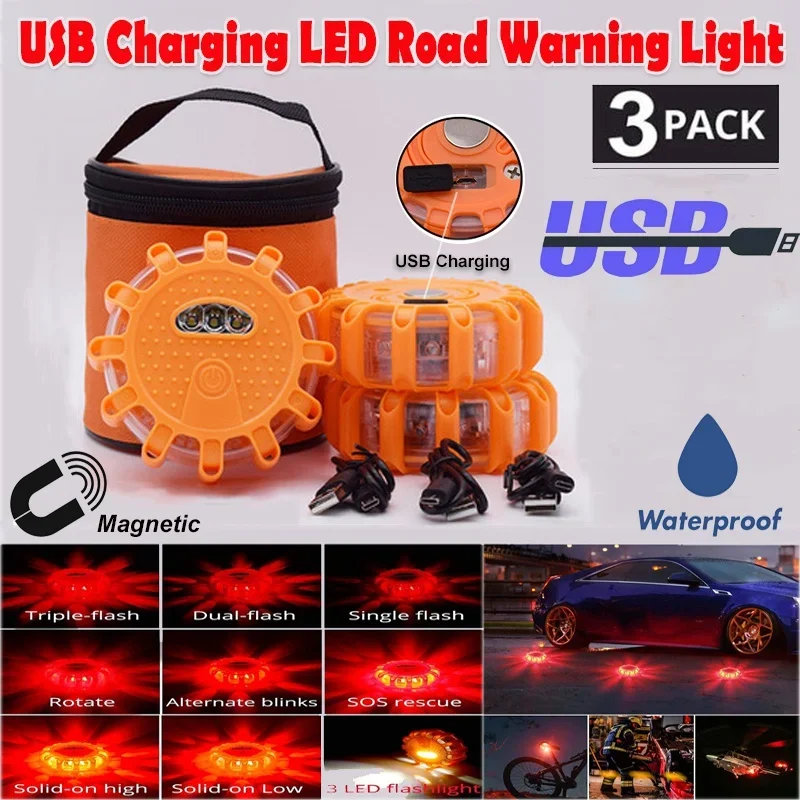 1-3Pack LED Emergency Lights 9Mode Safety Warning USB Rechargeable Flashing Lamp Red Strobe Dash Light for Trucks Vehicle Car