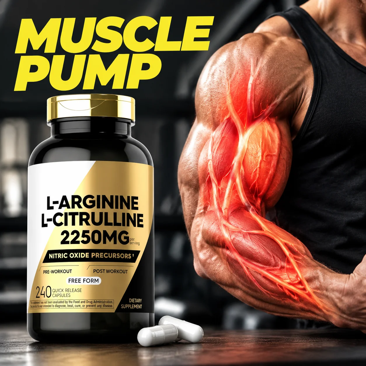 L-Arginine L-Citrulline Capsules for Muscle Pump and Workout Performance with Free Amino Acids 2250mg Per Serving 240 Capsules