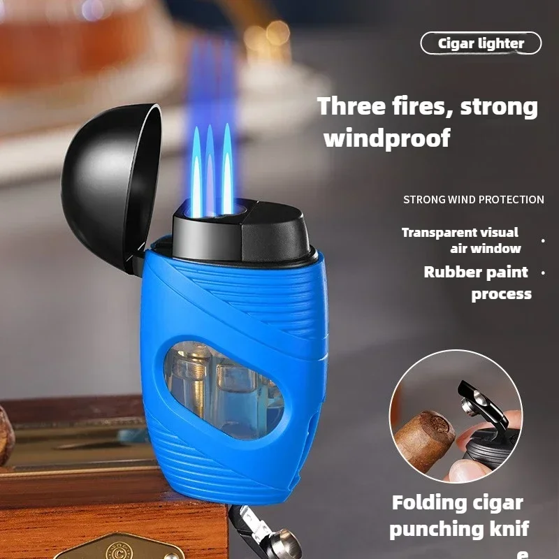 New Powerful 3 Jet Blue Flame Cigar Ligher Windproof Inflatable Gas Turbo Torch Lighter Kitchen Gas Stove Cigar Punch Tools Gift