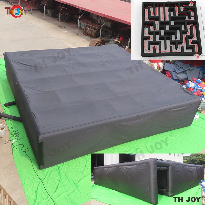 Portable Outdoor Black Haunted House With Roof 10x10m Commercial Inflatable Maze Tag Arena Sport Game for Kids