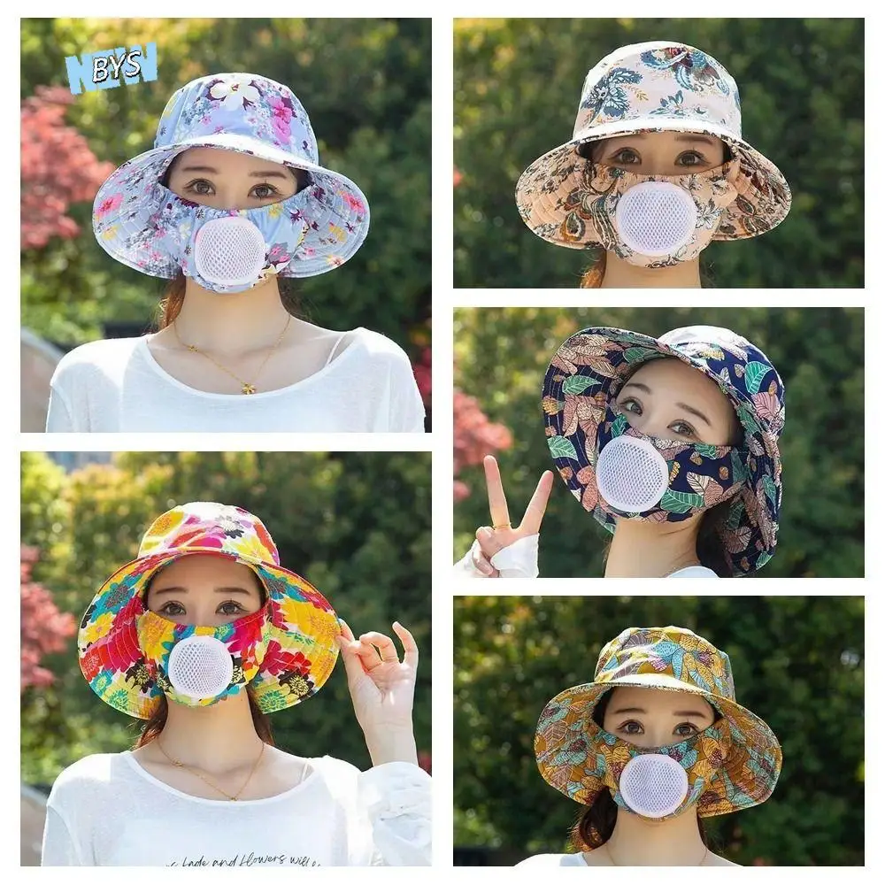 

Sun Protection Sunscreen Mask Hat Wide Brim with Air Vent Bucket Hats With Face Cove Korean Style Women Sun Hat Tea Picking