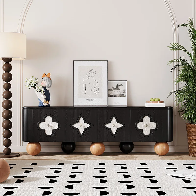 Fomex French four-leaf clover shell TV cabinet black solid wood locker retro wind round foot floor
