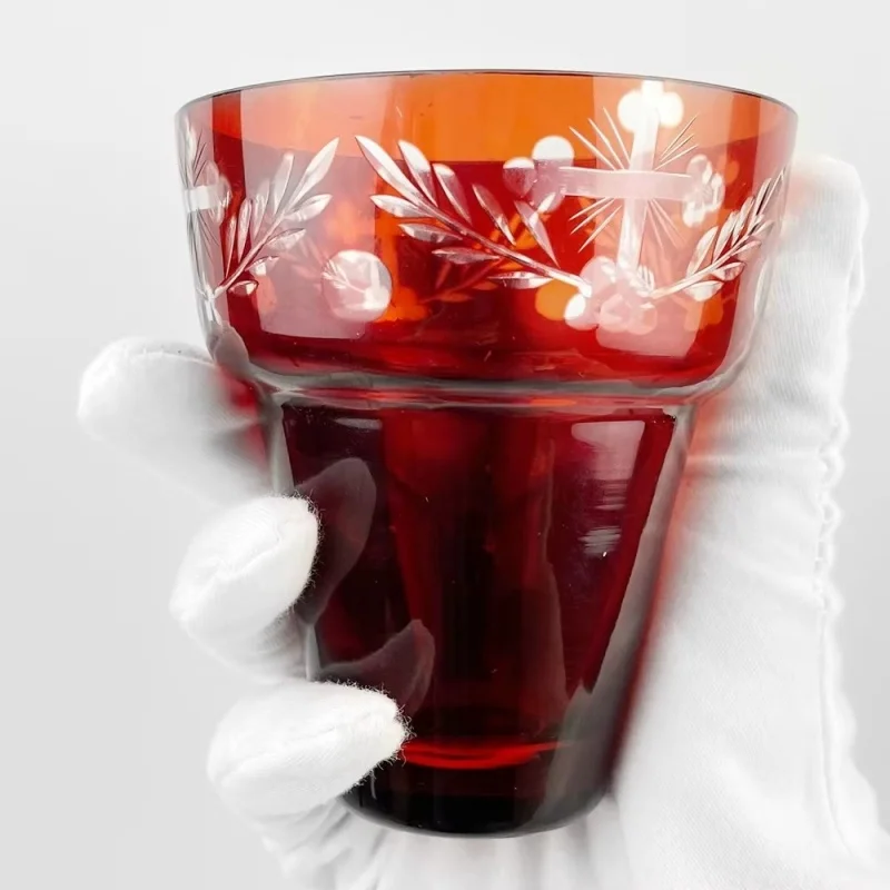 Byzantine Red Glass Votive Candle Holder Etched Cross Olive Branch Colored Cups for Church Altar Catholic Religious Ornament