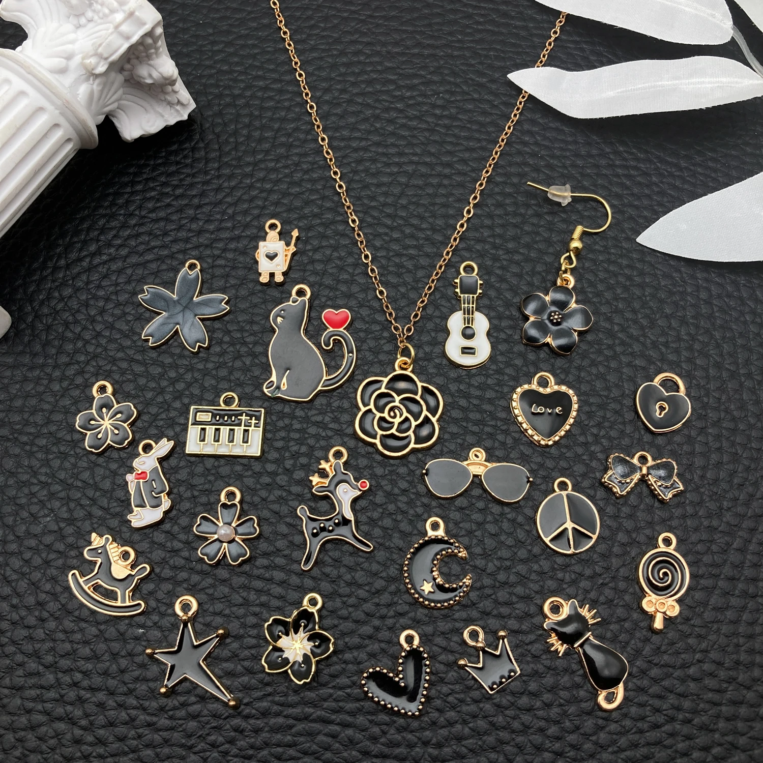 Mixed Black Gold Enamel Charms Bulk - 20/50/100Pcs Assorted Animal Flower Guitar Pendants for DIY Jewelry Making view 4