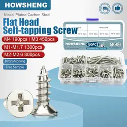 190/450/800/1300pcs Cross Flat Head Self-tapping Screws Set Assortment Kit Nickel Plated M1-M4 Phillips Head Wood Screw