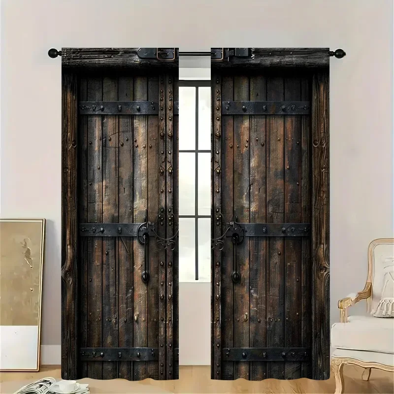 2pcs Vintage Weathered Door Curtains with Rod Pocket,  Light Filtering for Kitchen, Rustic Farmhouse Window Treatment