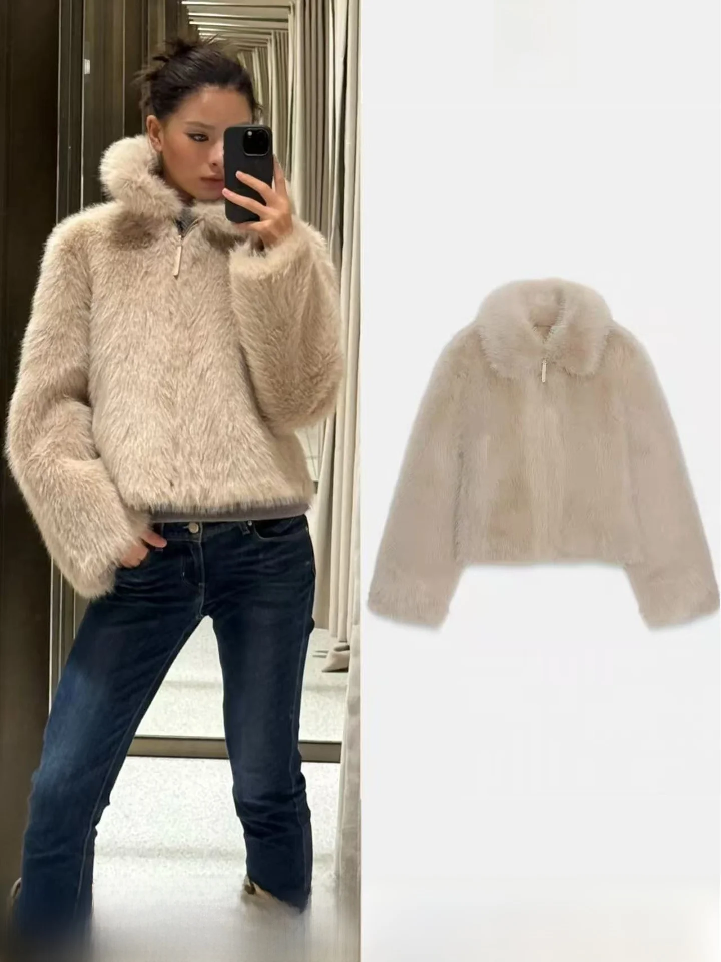 

Autumn Winter New Style Women's Sweet Fashionable Lapel Loose Double-Sided Artificial Fur Warm Jacket Coat Elegant Short Length