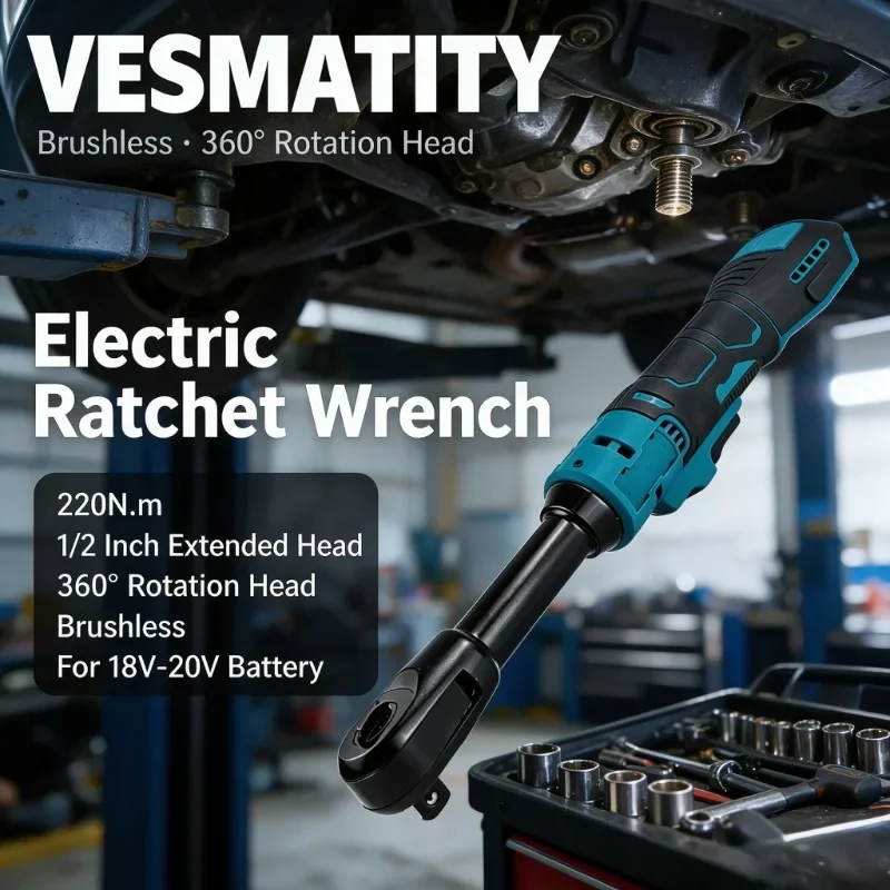 Electric Ratchet Wrench Brushless 360° Rotation Head 220N.m 1/2 Inch Extended Head Removal Screw Nut for 18V-20V Battery
