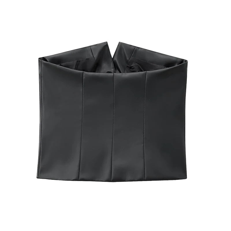YENKYE Women Black Faux Leather Sexy Strapless Tops Single Breasted With Pockets Fashion Crop Top
