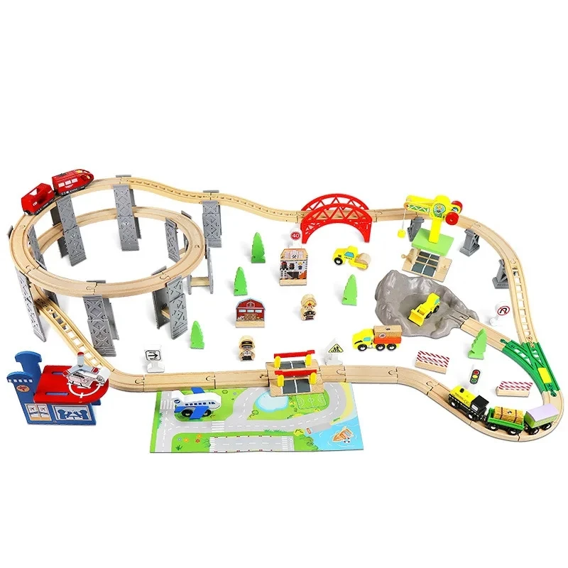 26PCS Wooden Railway Spiral Tracks Wooden Train Track Accessories with Bridge Piers Compatible for Brand Tracks Kids Toys　　　　　　　