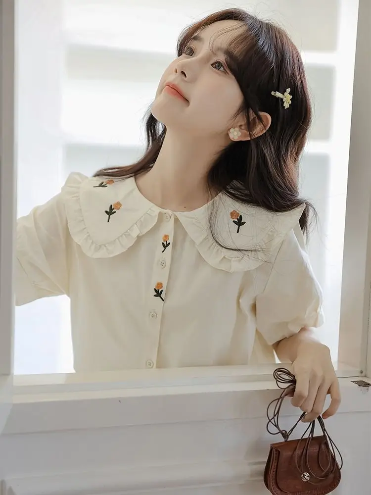 Shirts Women Floral Embroidery Peter Pan Collar Sweet Japanese Style Sweet Students Age-reducing Mori Girl Fashion Daily Kawaii